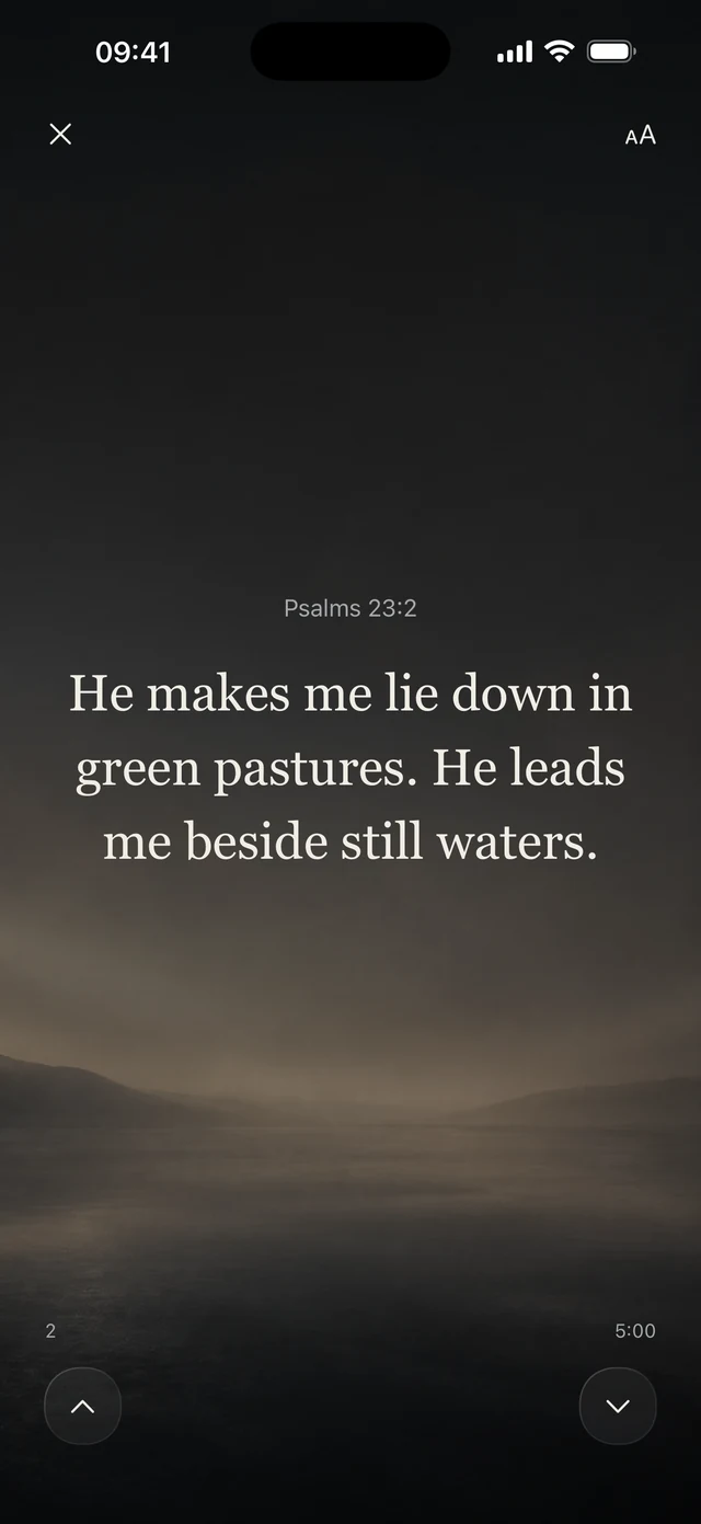 Daily Bible reading showing Psalm 23:2 over a quiet lake