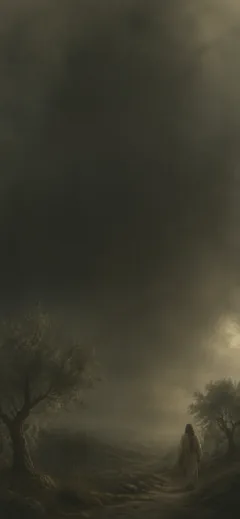 Jesus walking among olive trees