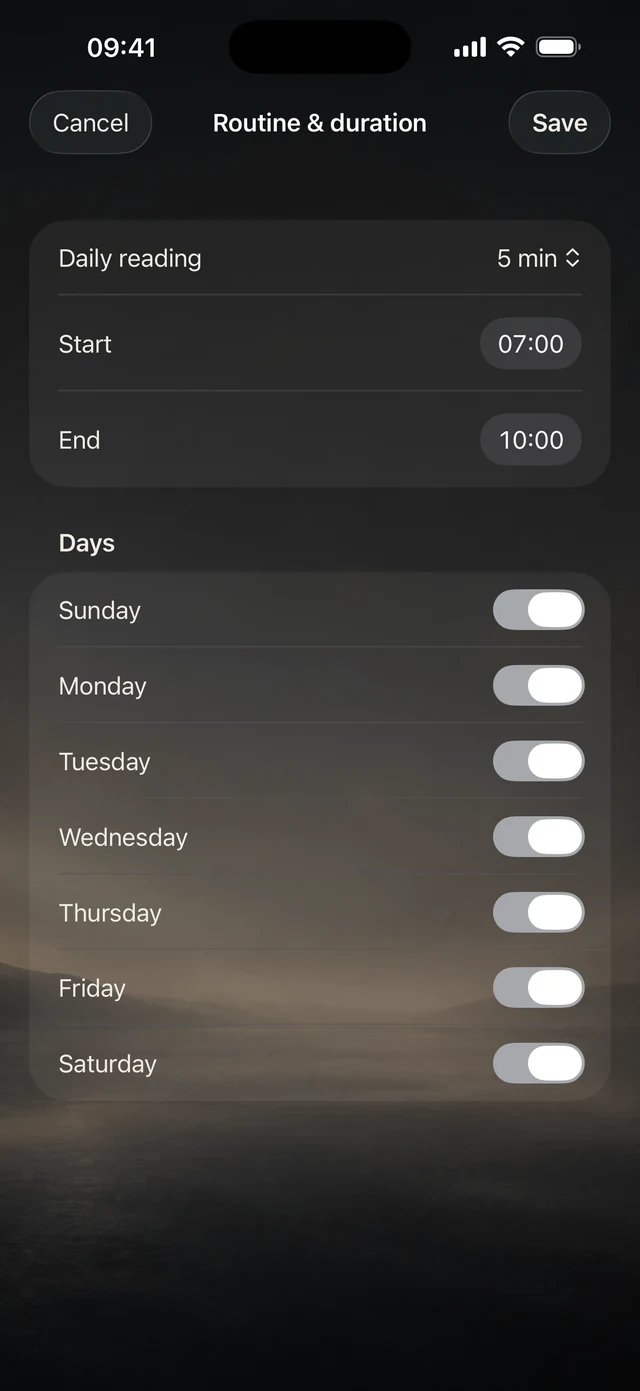 Daily Bible reading routine with time and day settings