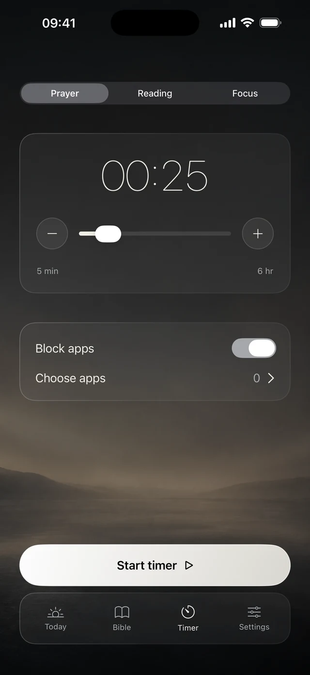 Prayer timer with duration and app blocking controls