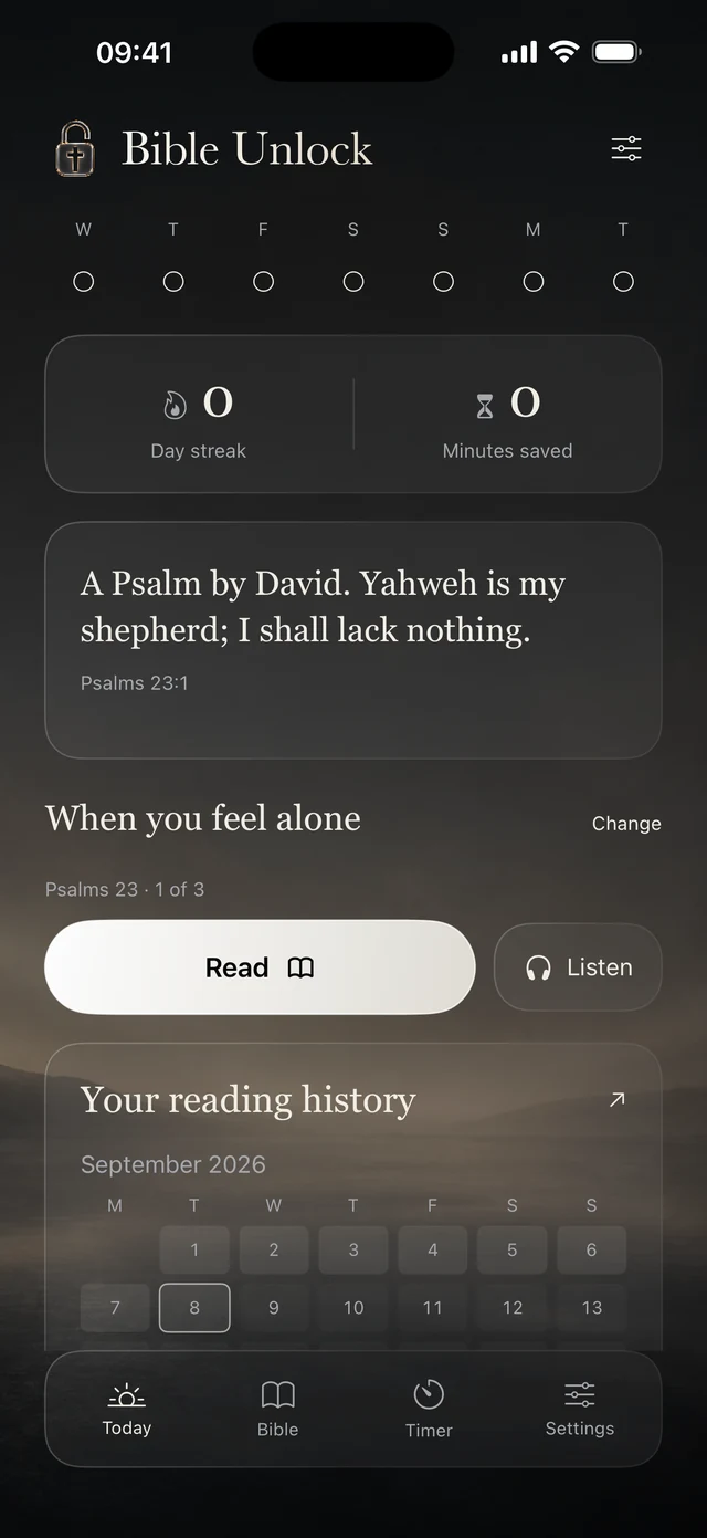 Bible Unlock Today screen with Scripture and a reading routine